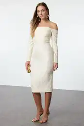 Gold Carmen Collar Woven Chic Midi Evening Dress