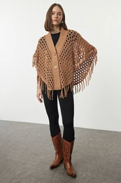 Camel Openwork/Hole Tassel Detail Poncho Knitwear Cardigan