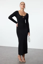 Black Body-Styling, Chest-Tie Detailed Knitted Long Elegant Evening & Graduation Dress