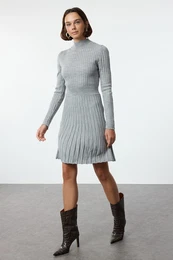 Gray Mini Knitwear Frilled Stand Collar Dress