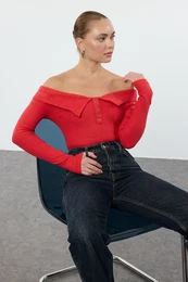 Stone Fitted Snap-on Collar Detailed Ribbed Stretchy Knitted Blouse