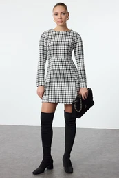 Black Plaid / Checkered A-Line Mini Woven Dress