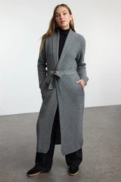 Anthracite Wide Pattern Maxi Coat Look Knitwear Cardigan