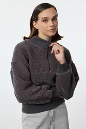Anthracite Zippered Oversize/Wide Fit Plush Thick Knitted Sweatshirt