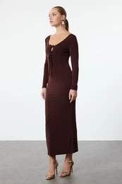 Brown Body-Styling with Chest Tie Detail Knitted Long Elegant Evening Dress