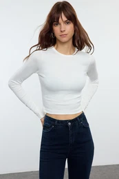 Ecru Premium Viscose Soft Fabric Fitted Crop Stretchy Knitted Blouse