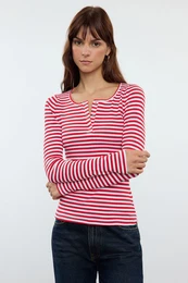 Burgundy Striped Snap Fastener Fitted/Fit-fitting Ribbed Stretchy Knitted Blouse