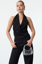 Black Cowl Neck Satin Woven Stylish Blouse