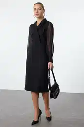 Black Body-hugging Chiffon Sleeve Detailed Midi Woven Dress
