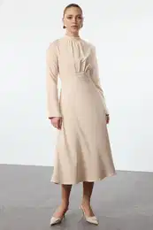 Stone Stand Collar Skater/Waist Open Midi Woven Dress