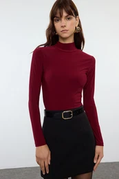 Burgundy Fitted Long Sleeve Stand Collar Ribbed Stretchy Knitted Blouse