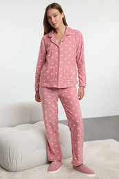 Dried Rose Winter Themed Pocketed Fleece Winter Knitted Pajamas Set