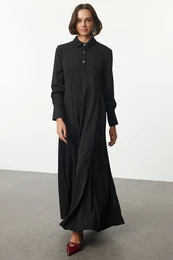 Black Hem Flounce Shirt Collar Button Knitted Dress
