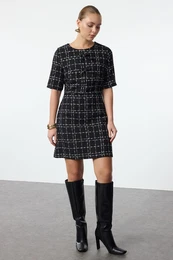 Black Checkered A-Line Bow Detailed Mini Woven Tweed Dress