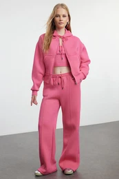 Pink 3-Piece Fleece Hooded Relaxed Knitted Tracksuit Set