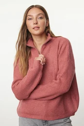 Dusty Rose Soft Texture Zippered Knitwear Sweater