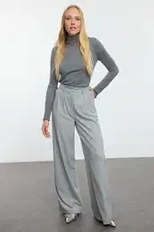 Grey Glitter Striped Wide Leg/Wide Leg Fabric Woven Trousers