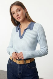 Blue Polo Neck Color Block Knit Sweater