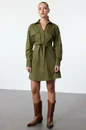 Khaki Waist Tunnel Detailed Cotton Mini Woven Dress