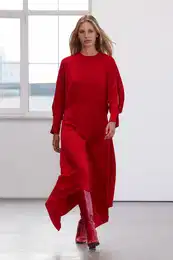 Limited Edition Red Waist Open Crepe Fabric Midi Woven Dress