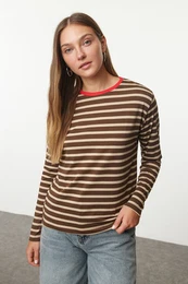 Brown-Stone Striped Collar Colorful Ribbed Striped Basic Knitted T-shirt