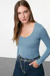 Indigo Antique/Faded Effect Cotton Long Sleeve Stretchy Snap Fastener Knitted Bodysuit