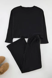 Black Ribbed Knitted Pajama Set