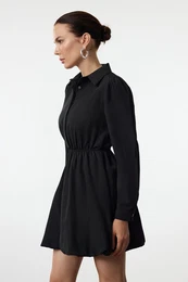 Black Balloon Skirt Shirt Collar Mini Woven Dress