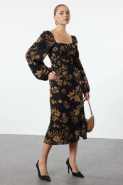 Multicolored Floral Patterned Midi Woven Dress