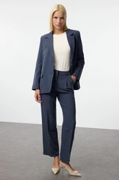 Limited Edition Navy Blue Straight/Straight Cut Fabric Woven Trousers