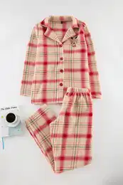 Red Embroidered Plaid Fleece Winter Knitted Pajama Set