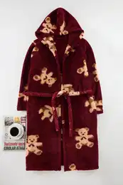 Claret Red Belted Teddy Bear Hooded Wellsoft Winter Knitwear Dressing gown