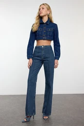 Dark Blue Stitch Detail High Waist Wide Leg Jeans