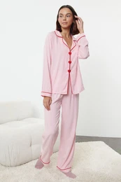 Pink Heart-shaped Viscose Woven Pajama Set