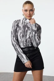 Anthracite Printed Fitted Stand-Up Collar Long Sleeve Sweater/Textured Knitted Blouse