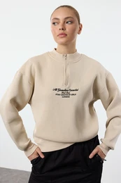 Stone Thick Inside Fleece Zipper Stand Collar Oversize/Wide Fit Knitted Sweatshirt