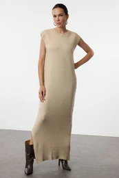 Beige Maxi Knitwear Soft Texture Slit Detailed Vest Dress