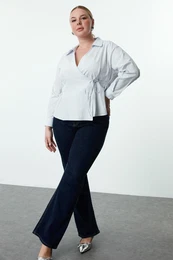 Curve Blue Double Breasted Long Sleeve Tied Waist Woven Plus Size Shirt