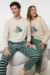 Men's Beige Striped Regular Fit Couple Christmas Knitted Pajama Set