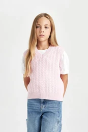 Girl Standard Fit V Neck Knitted Patterned Knitwear Sweater
