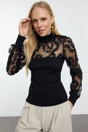 Black*001 Tulle Garni Detailed Fitted/Full Neck Ribbed Flexible Knitted Blouse