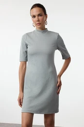 Light Anthracite Stone Detailed Skater/Waisted Short Sleeve Mini Knitted Pencil Dress