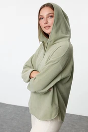 Khaki Thick Fleece Hooded and Zippered Oversize/Wide Fit Knitted Sweatshirt