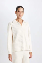 Women's Relax Fit Polo Collar Casual Ribbed Camisole Long Sleeve T-Shirt