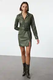 Khaki Belted Body-hugging Slit Detailed Woven Dress