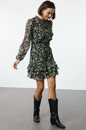 Yellow Floral Chiffon Lined Woven Winter Dress