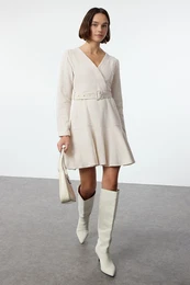 Ecru Skirt Flounce Tweed Mini Woven Dress