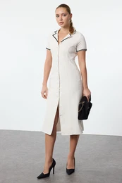 Ecru Accessory Detailed Midi Tweed Woven Winter Shirt Dress