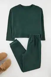 Dark Green Waffle Fabric Knitted Pajama Set