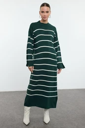 Dark Green Striped Sleeve Slit Detailed Knit Dress